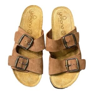 Yokono Double Strap Buckle Suede Cork Wedge Heel Sandals Size 7.5